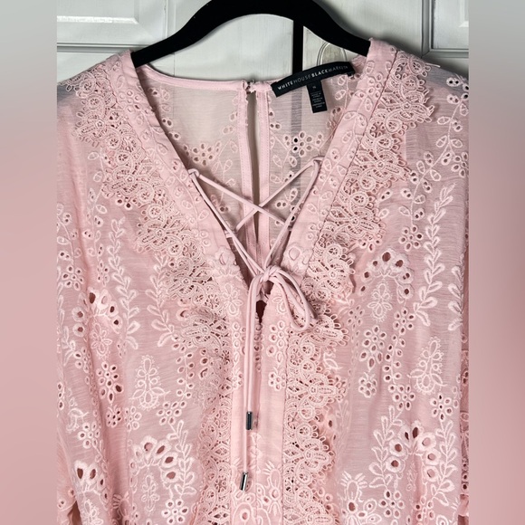 WHBM Pastel Pink Eyelet Lace Dress V-Neck Tie String Puff Sleeves Size S - Picture 3 of 8